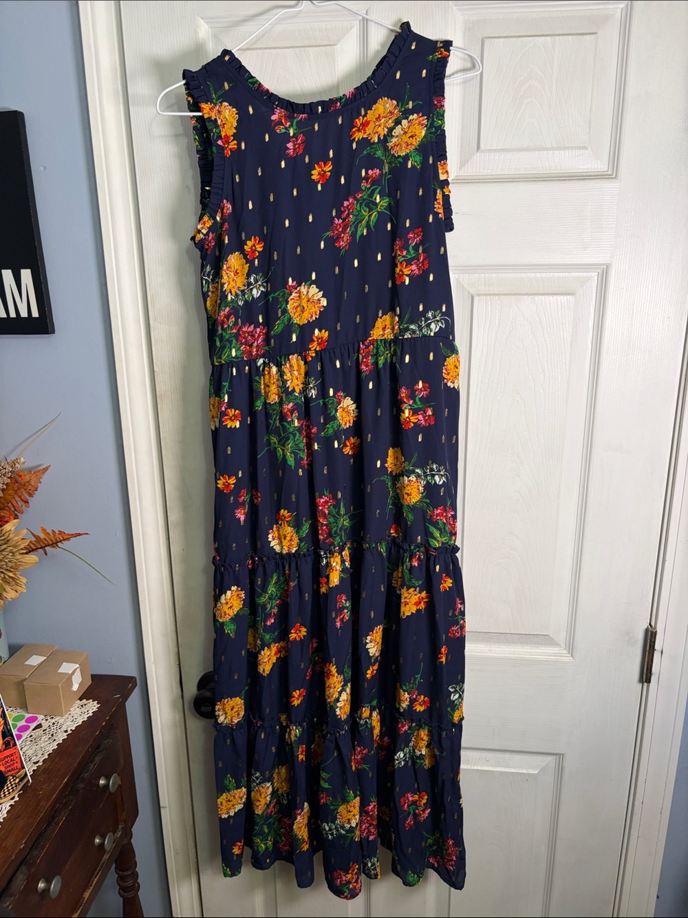 Zunie Navy Floral Tiered Maxi Dress with Yellow & Pink Blooms